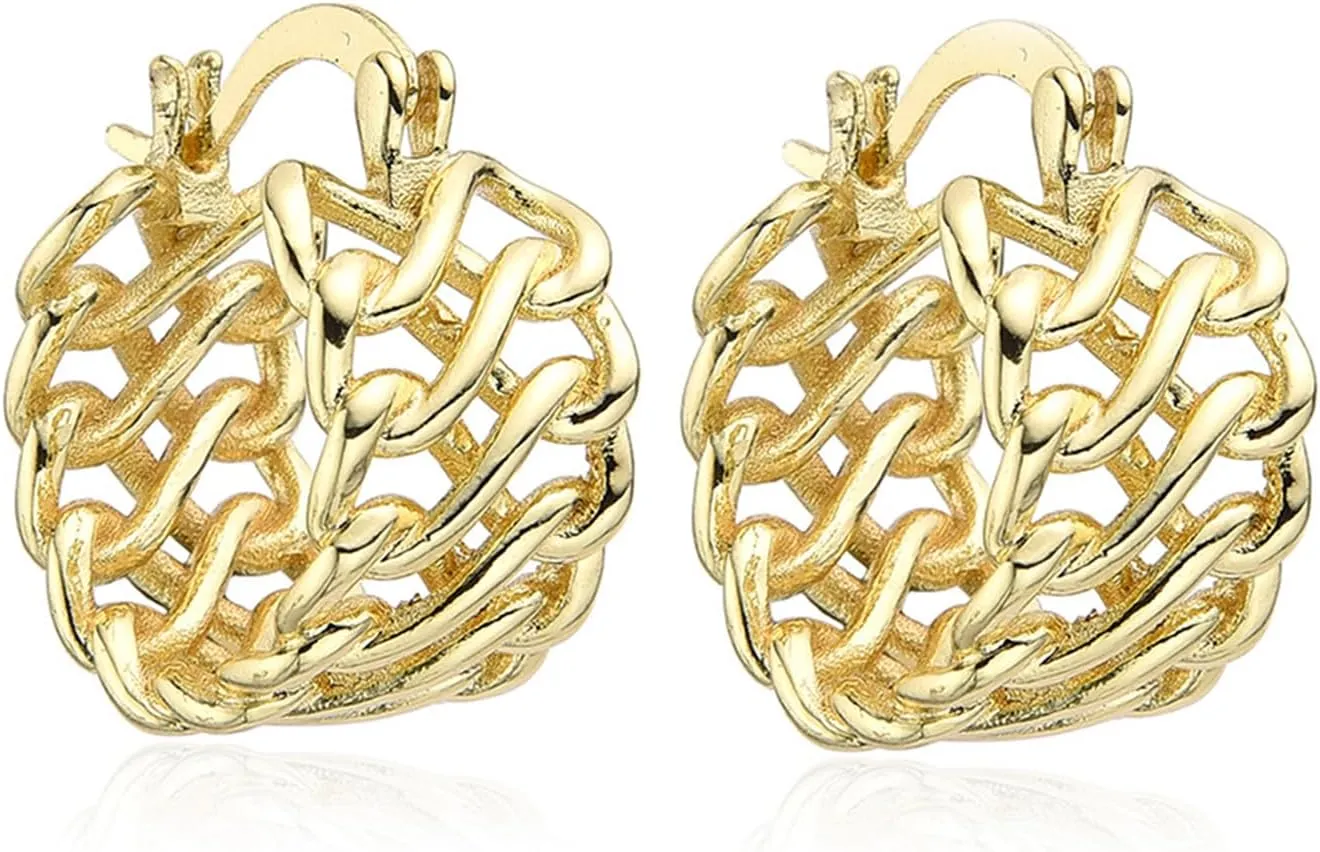 Cuban Link Hoop Earrings for Women Delicate 18K Gold Plated Chain Jewelry Classy Braided Thick Hoops Small Bold Round Wide Faceted Chunky Earrings