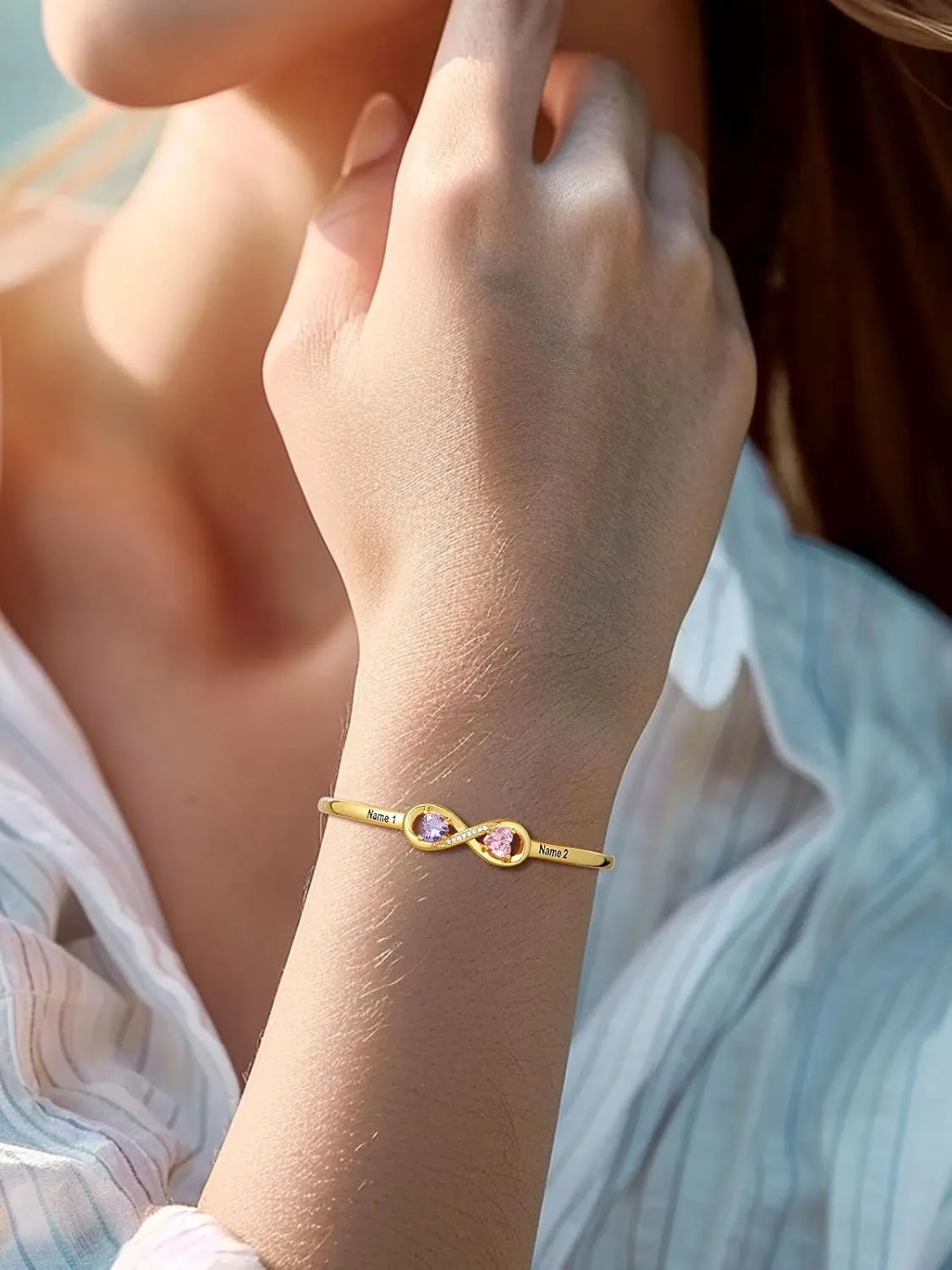 Custom4U Personalized Infinity Bracelets for Women Stack Birthstone Bracelet Engraved Name Open Cuff Bracelet Adjustable Mothers Day Valentines Birthday Jewelry Gifts for Women Mom Wife (Gift Box)