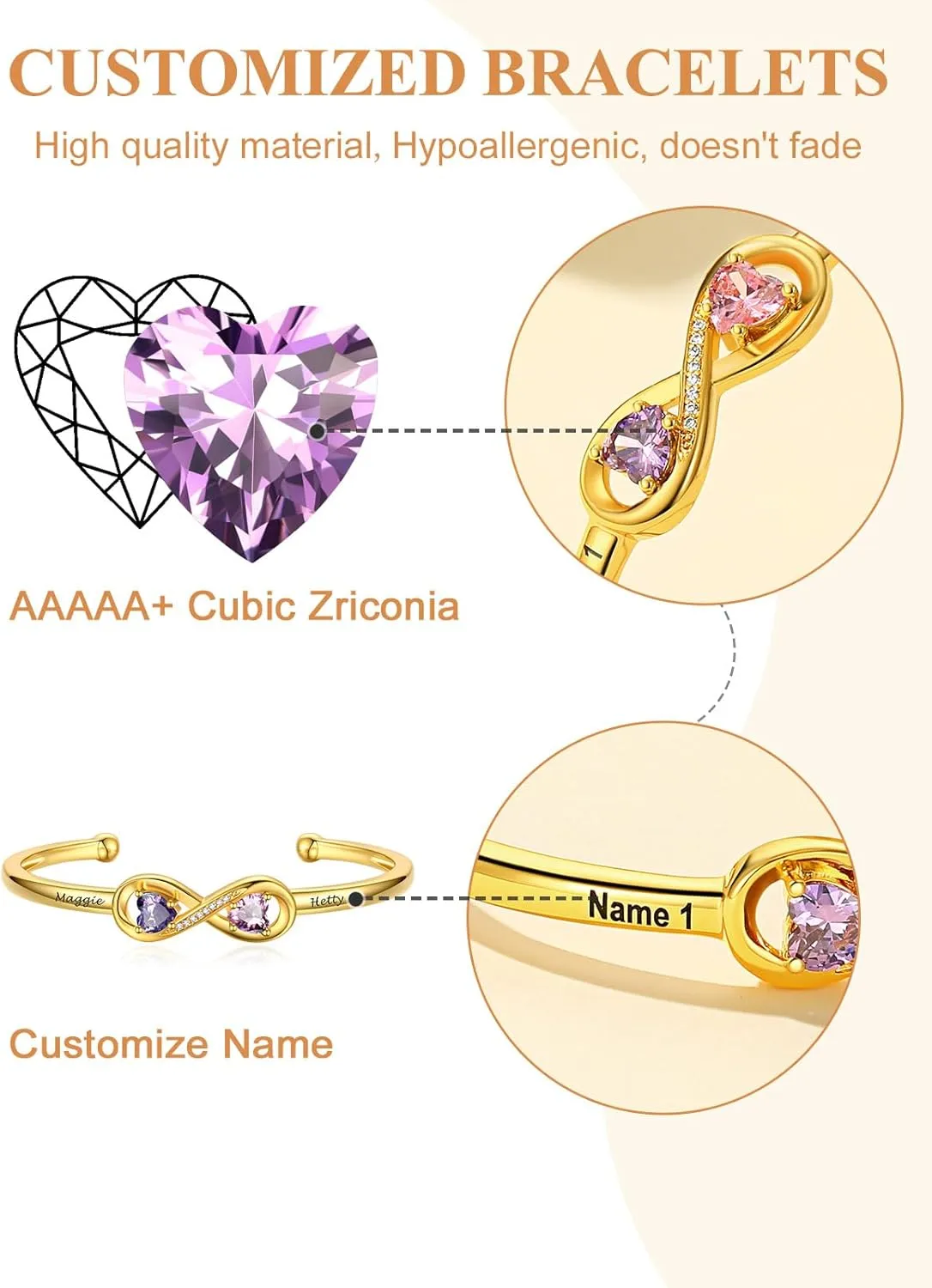 Custom4U Personalized Infinity Bracelets for Women Stack Birthstone Bracelet Engraved Name Open Cuff Bracelet Adjustable Mothers Day Valentines Birthday Jewelry Gifts for Women Mom Wife (Gift Box)