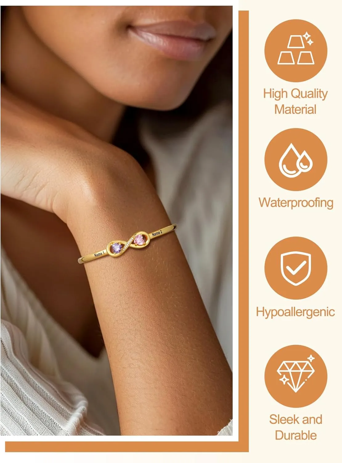 Custom4U Personalized Infinity Bracelets for Women Stack Birthstone Bracelet Engraved Name Open Cuff Bracelet Adjustable Mothers Day Valentines Birthday Jewelry Gifts for Women Mom Wife (Gift Box)