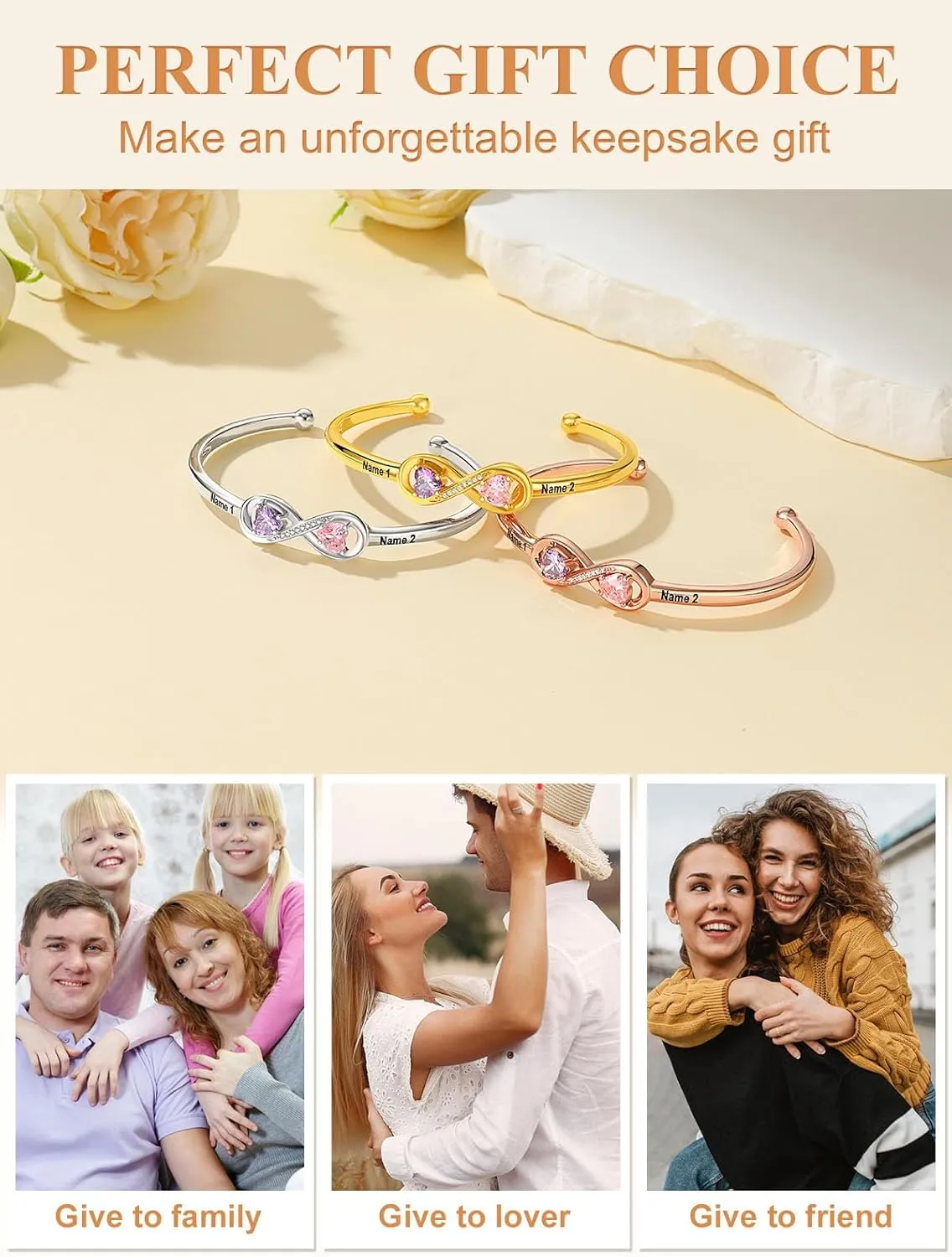 Custom4U Personalized Infinity Bracelets for Women Stack Birthstone Bracelet Engraved Name Open Cuff Bracelet Adjustable Mothers Day Valentines Birthday Jewelry Gifts for Women Mom Wife (Gift Box)