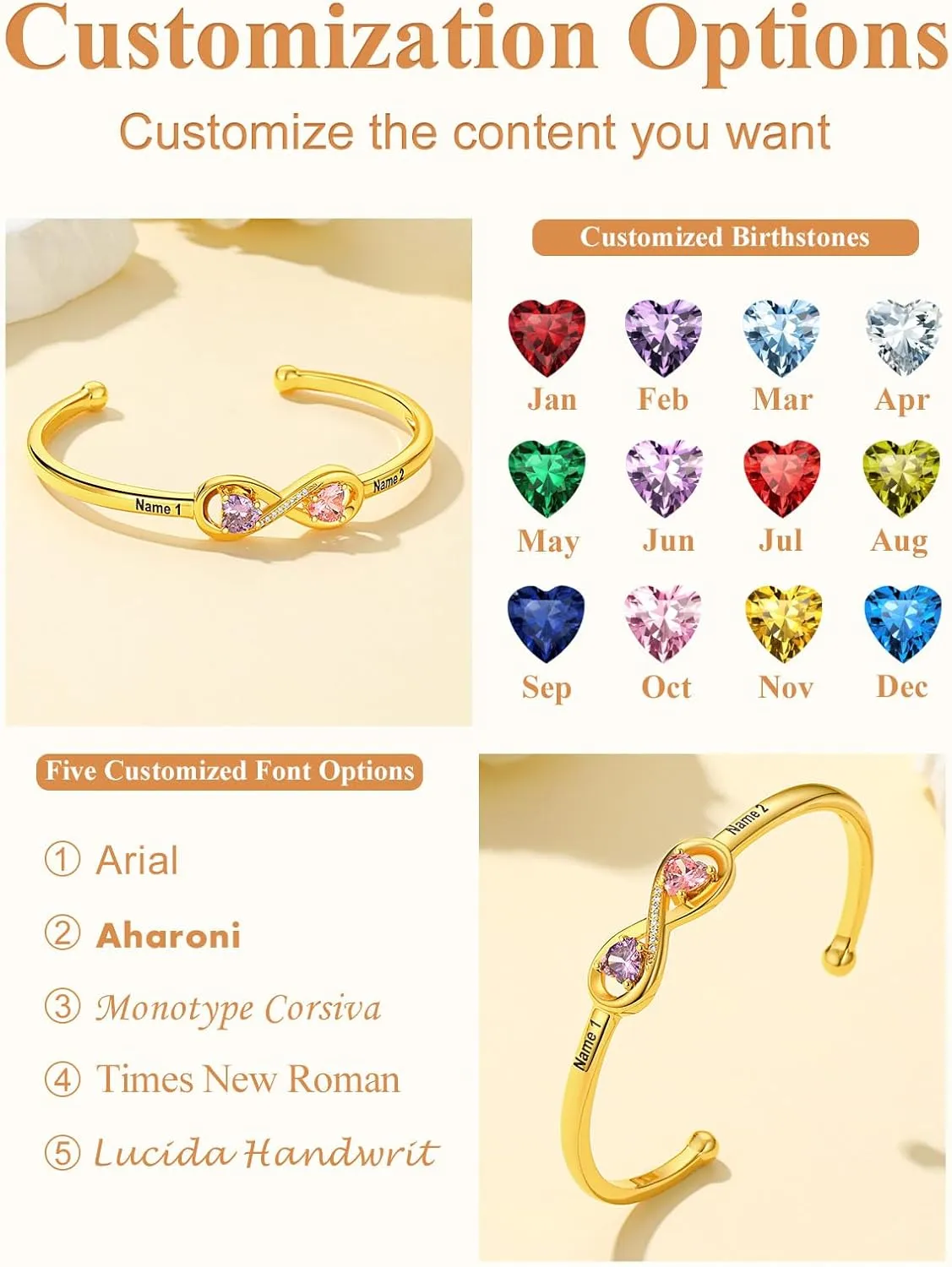 Custom4U Personalized Infinity Bracelets for Women Stack Birthstone Bracelet Engraved Name Open Cuff Bracelet Adjustable Mothers Day Valentines Birthday Jewelry Gifts for Women Mom Wife (Gift Box)