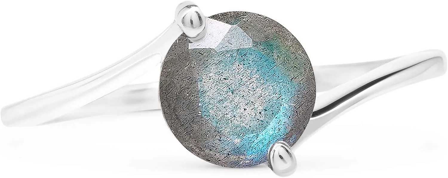 Cut Round Labradorite 925 Sterling Silver Ring - Delicate BOHO Chic Jewelry - Fashionable and Stylish for Women with Velvet Gift Bag - Made by Indian Artisans - Size 6-9