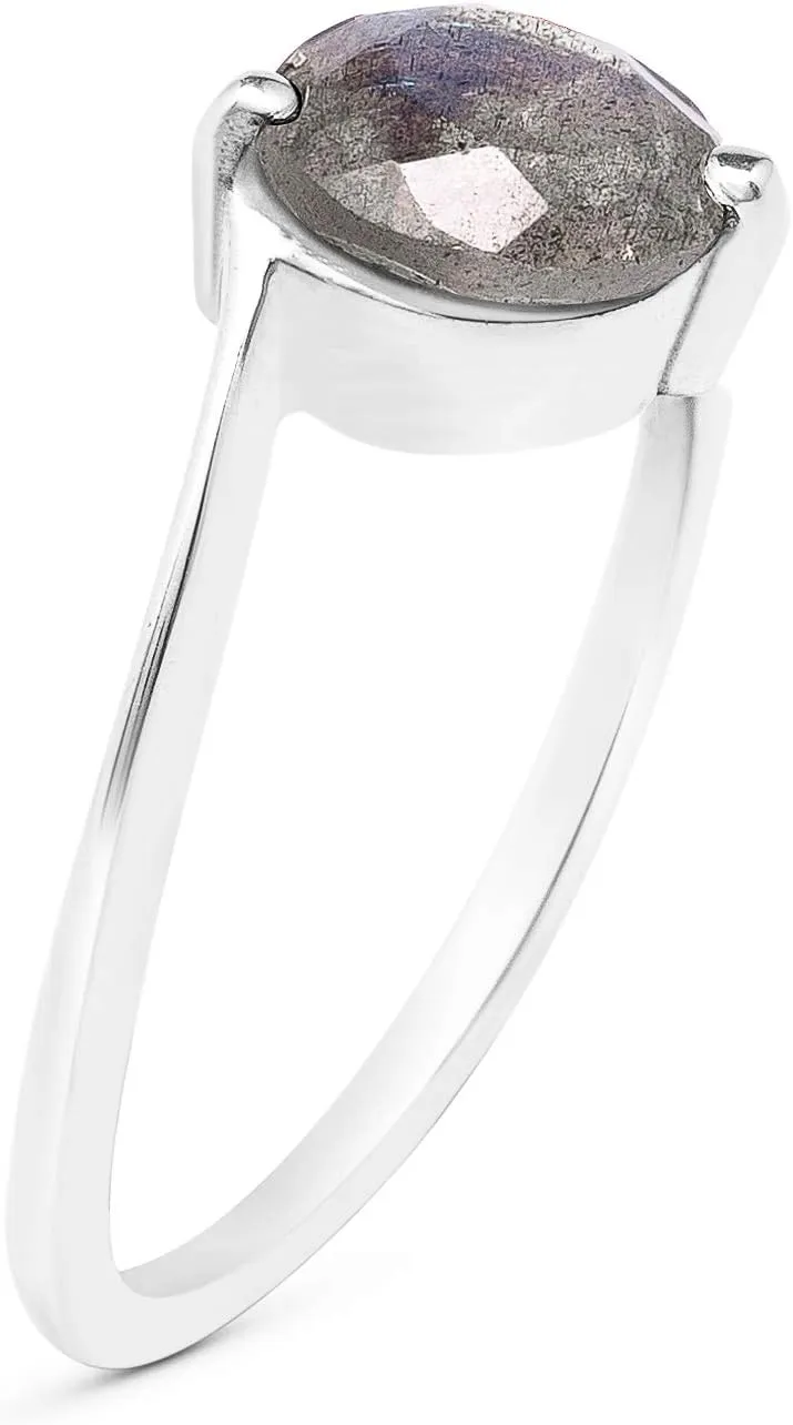 Cut Round Labradorite 925 Sterling Silver Ring - Delicate BOHO Chic Jewelry - Fashionable and Stylish for Women with Velvet Gift Bag - Made by Indian Artisans - Size 6-9