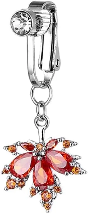 CZ Crystal Maple Leaf Non Piercing Fake Belly Button Rings for Women Stainless Steel Clip On Dangle Fake Belly Navel Rings Autumn Non Pierced Belly Jewelry
