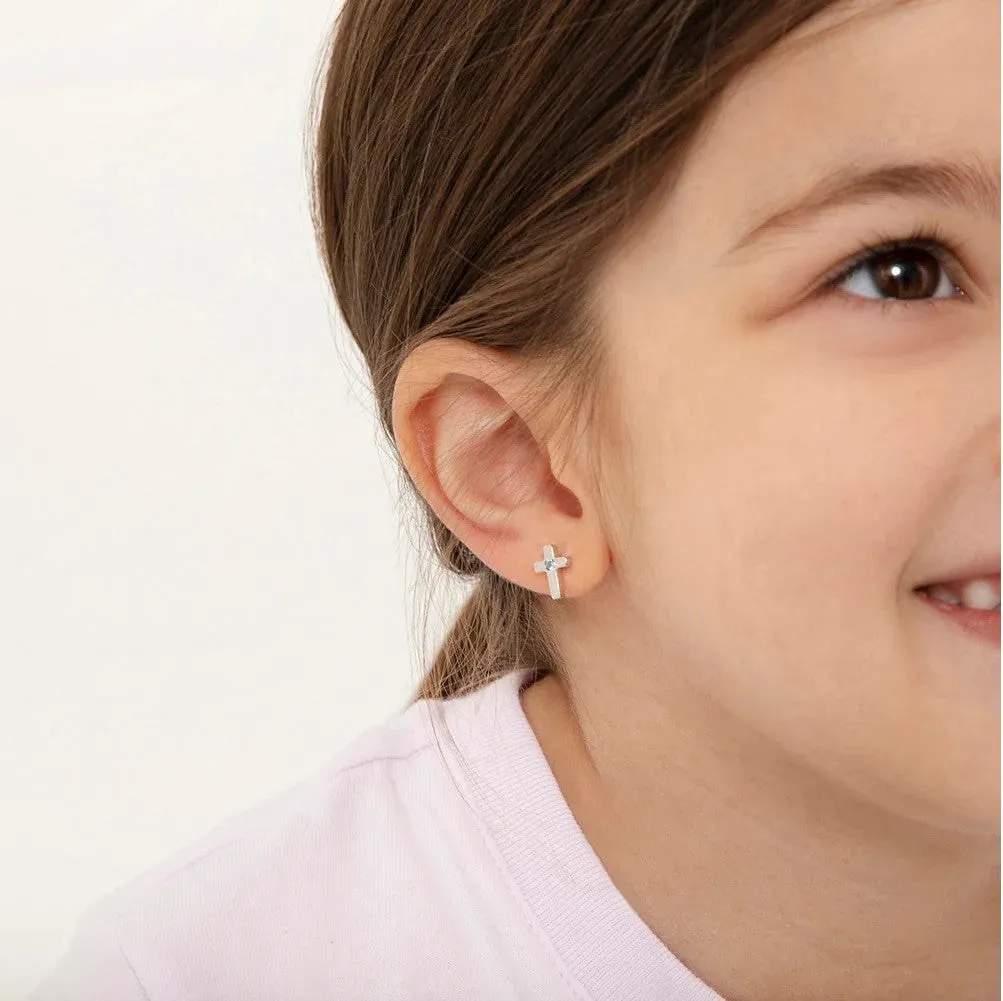 CZ Polished Cross Child Earrings