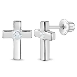 CZ Polished Cross Child Earrings