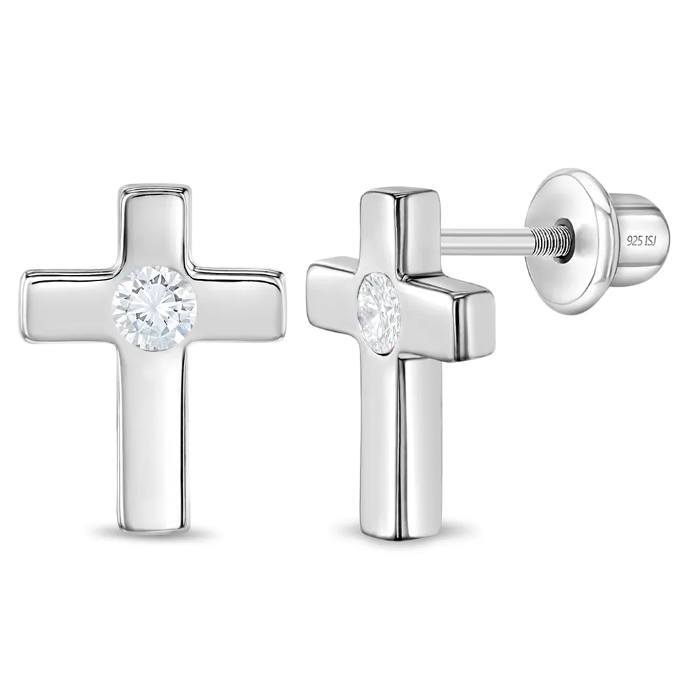 CZ Polished Cross Child Earrings