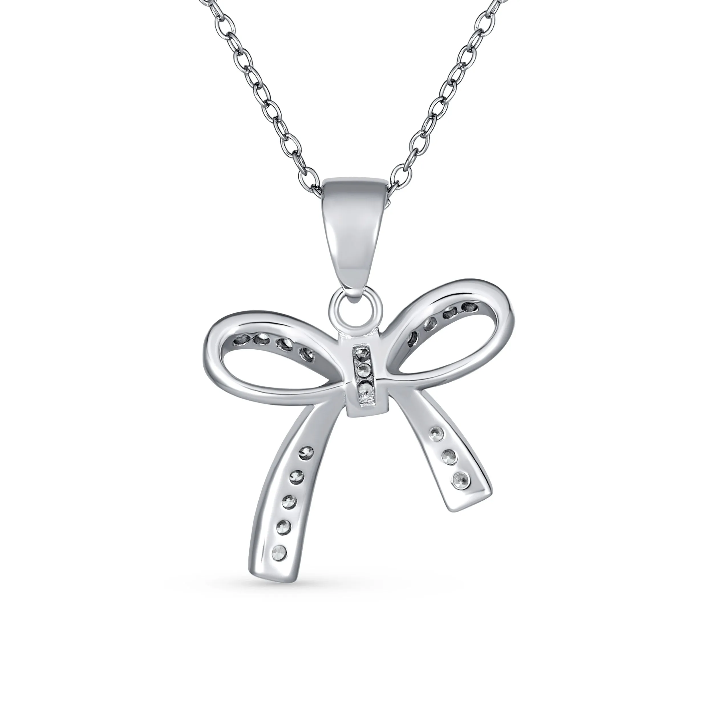 Dainty Bridal Necklace with Clear Cubic Zirconia Bow Pendant in Sterling Silver