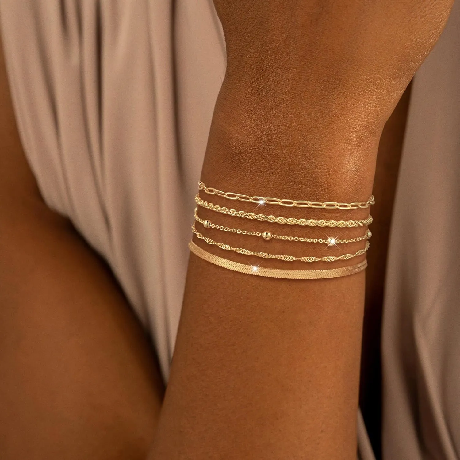 Dainty Gold Bracelets for Women,14K Real Plated Gold Bracelets Sets Waterproof Stackable Chain Tarnish Free Gold Jewelry for Women