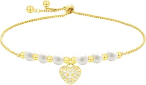 Dainty Gold Heart Charm Bracelets, Adjustable Chain Link Bracelet for Women
