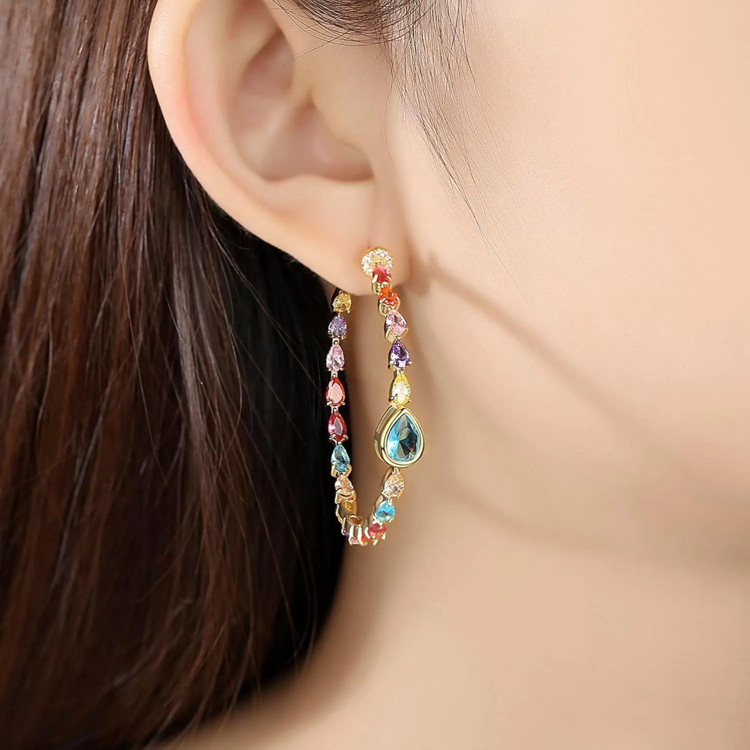 Dainty Gold plated Large Open C Hoop Earrings with Teardrop Shaped AAAAA Australia Cubic Zirconia Fashion Jewelry for Women & Teen Girls Chic Chunky Huggie Hoops Hypoallergenic