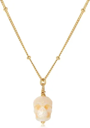 Dainty Gothic Pearl Skull Necklace - 14K Gold Plated 925 Sterling Silver Pendant with Single 7-8MM Freshwater Pearl,Skeleton Halloween Jewelry