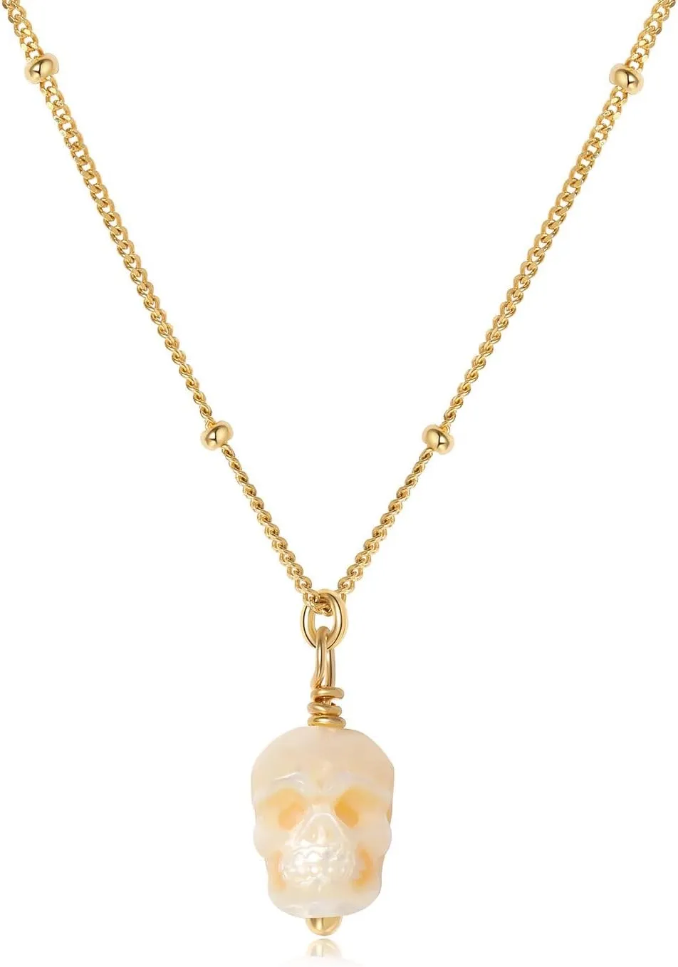 Dainty Gothic Pearl Skull Necklace - 14K Gold Plated 925 Sterling Silver Pendant with Single 7-8MM Freshwater Pearl,Skeleton Halloween Jewelry