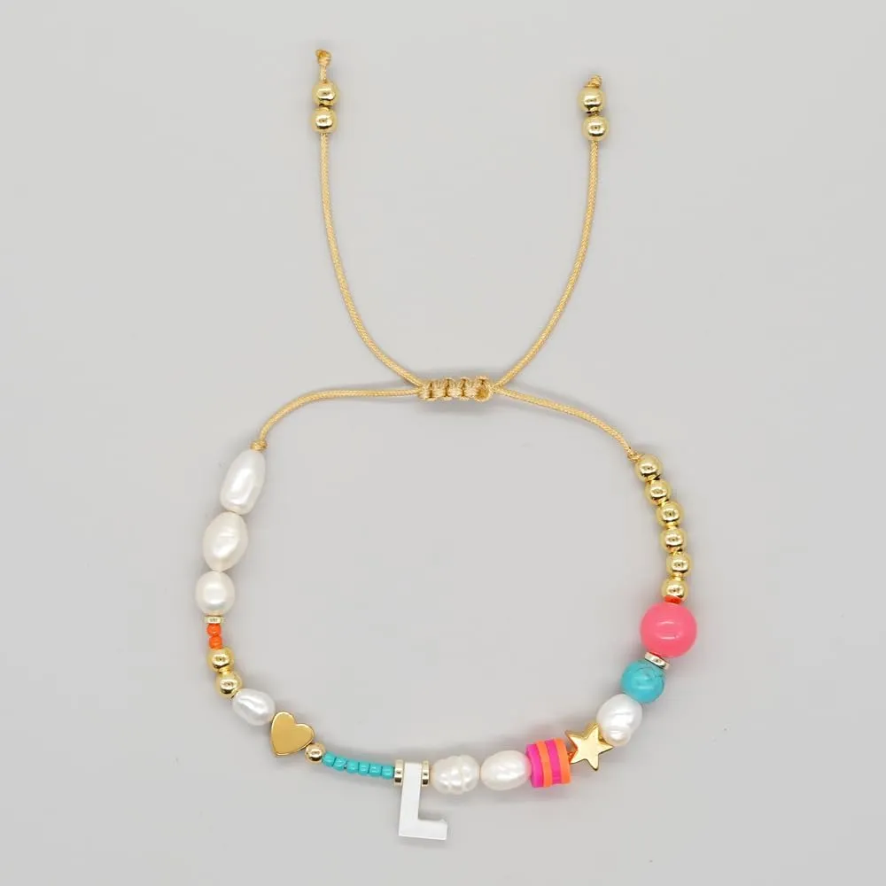 Dainty Heart A-Z Initial Pearl Bracelets for Women,Gold Beaded Adjustable Bracelet Statement Fashion Birthday Jewelry Gift Friendship