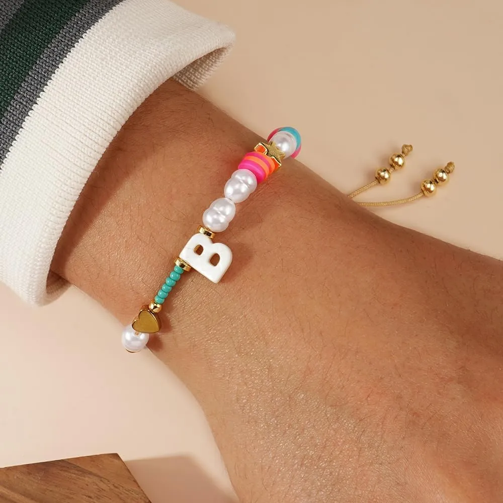 Dainty Heart A-Z Initial Pearl Bracelets for Women,Gold Beaded Adjustable Bracelet Statement Fashion Birthday Jewelry Gift Friendship