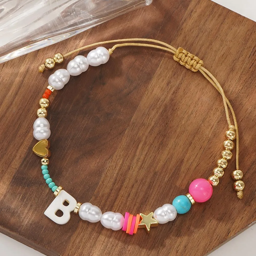 Dainty Heart A-Z Initial Pearl Bracelets for Women,Gold Beaded Adjustable Bracelet Statement Fashion Birthday Jewelry Gift Friendship