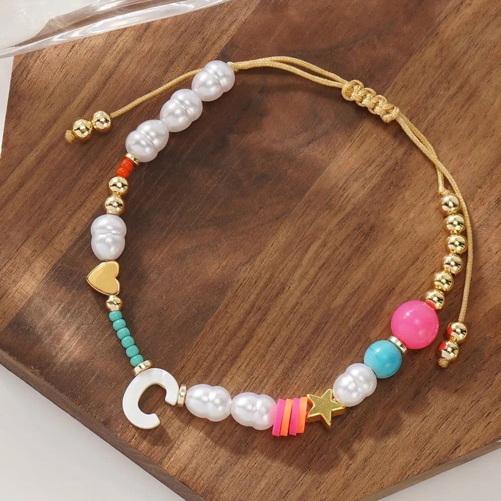Dainty Heart A-Z Initial Pearl Bracelets for Women,Gold Beaded Adjustable Bracelet Statement Fashion Birthday Jewelry Gift Friendship