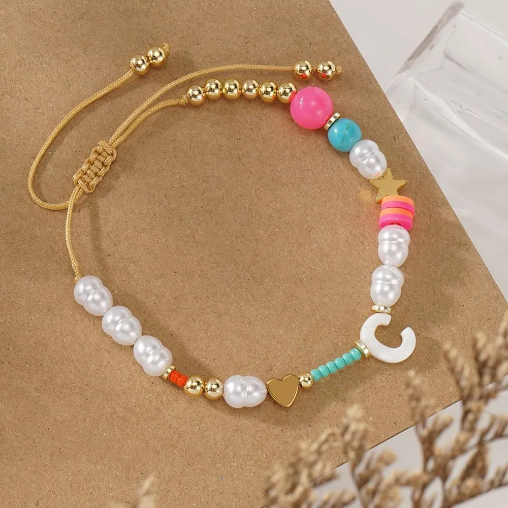 Dainty Heart A-Z Initial Pearl Bracelets for Women,Gold Beaded Adjustable Bracelet Statement Fashion Birthday Jewelry Gift Friendship