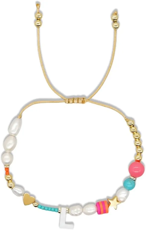 Dainty Heart A-Z Initial Pearl Bracelets for Women,Gold Beaded Adjustable Bracelet Statement Fashion Birthday Jewelry Gift Friendship