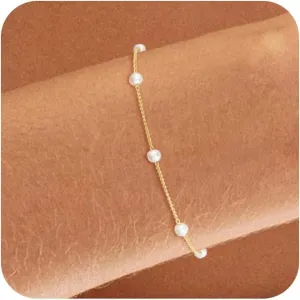 Dainty Pearl Bracelet for Women 14K Gold Plated Satellite Pearls Link Chain Adjustable Bracelets Jewelry Gifts