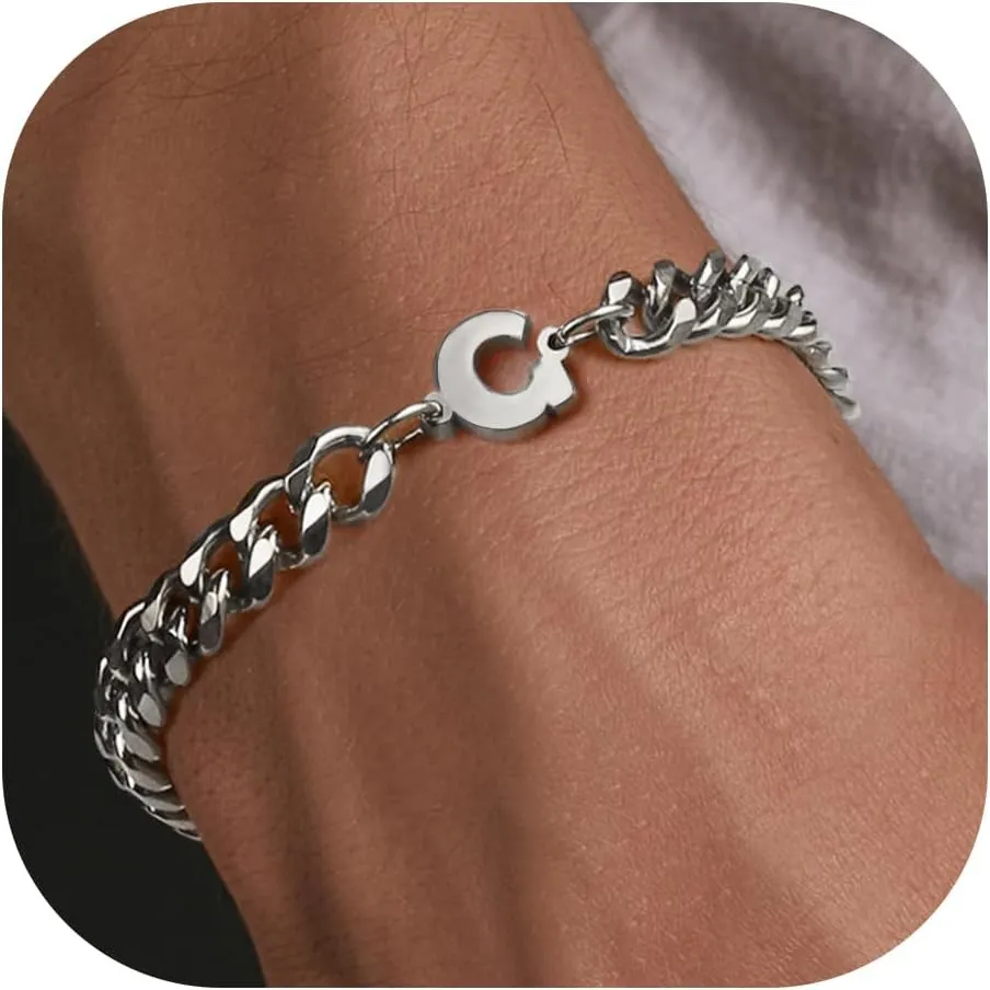 Dainty Silver Cuban Link Bracelet - Stainless Steel Initial Bracelet for Men