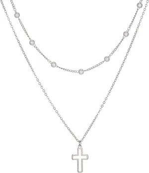 Dainty Small cross Pendant Layered Necklace, Small Faux Pearl Chain & Stainless Steel Cross Layering Necklaces for Women Trendy