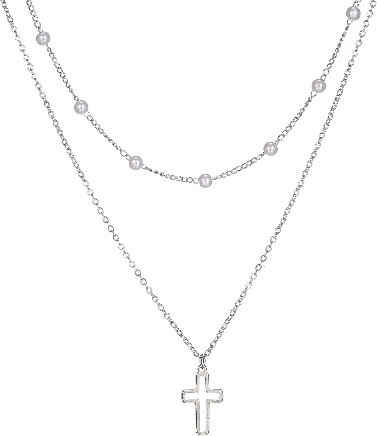 Dainty Small cross Pendant Layered Necklace, Small Faux Pearl Chain & Stainless Steel Cross Layering Necklaces for Women Trendy
