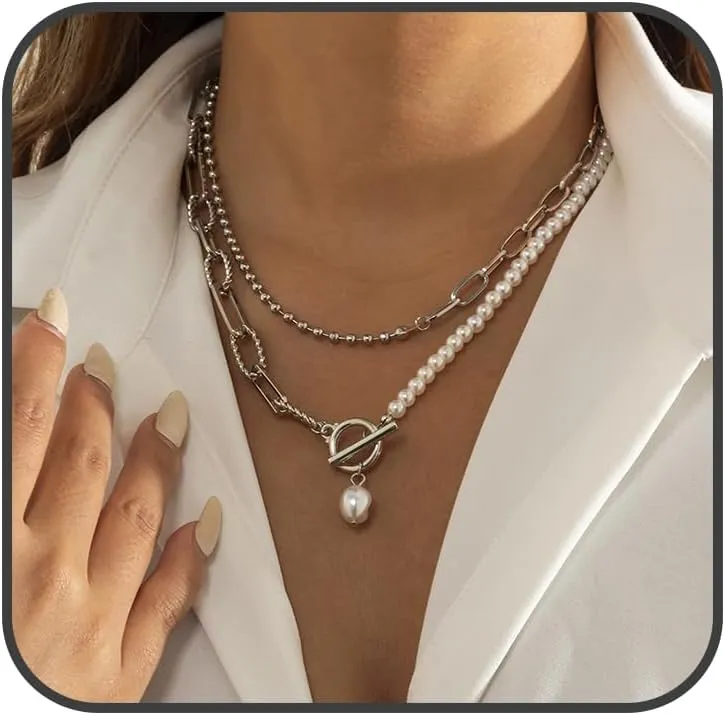 Dainty Vintage Layered Pearl Necklace Gold Toggle Clasp Paperclip Chain Necklace Bohemian Beaded Necklace Punk Baroque Pearl Trendy Prom Necklace for Women