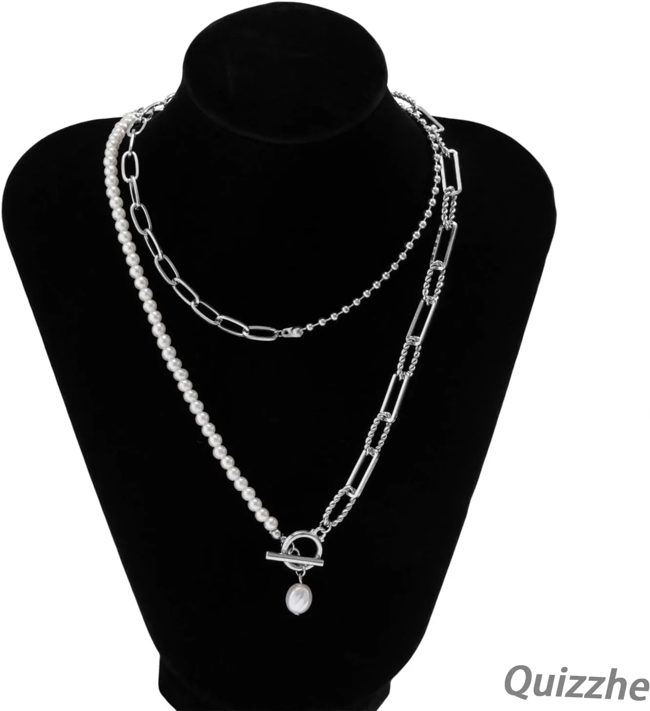 Dainty Vintage Layered Pearl Necklace Gold Toggle Clasp Paperclip Chain Necklace Bohemian Beaded Necklace Punk Baroque Pearl Trendy Prom Necklace for Women