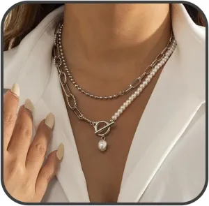 Dainty Vintage Layered Pearl Necklace Gold Toggle Clasp Paperclip Chain Necklace Bohemian Beaded Necklace Punk Baroque Pearl Trendy Prom Necklace for Women