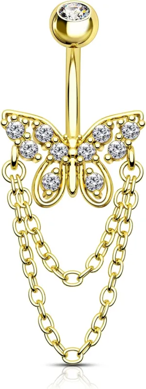 Dangle Belly Button Rings - 14G Gold Butterfly Navel Rings for Women - Stainless Steel Piercing Jewelry