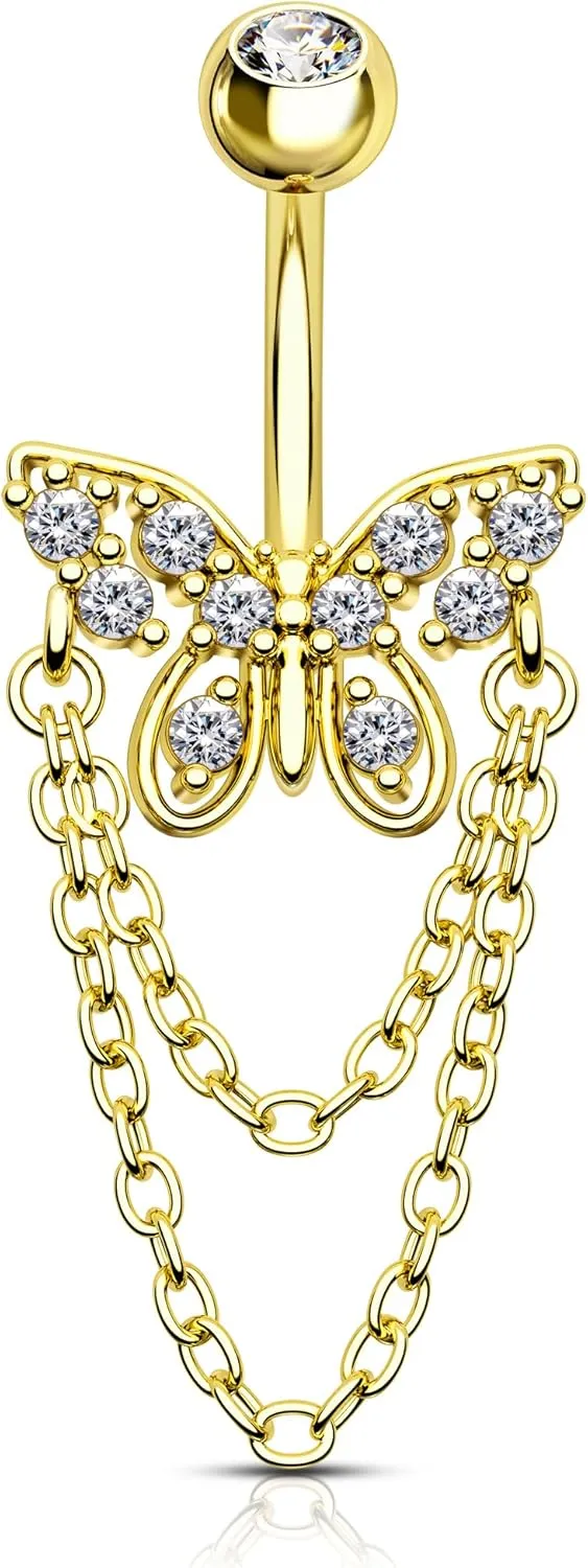 Dangle Belly Button Rings - 14G Gold Butterfly Navel Rings for Women - Stainless Steel Piercing Jewelry