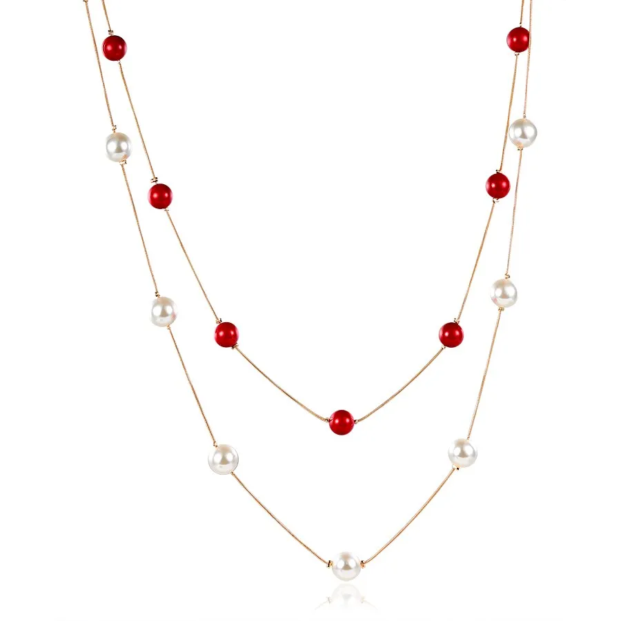 DEANWANGKT 4 Colos Red Simulated Pearl Necklace Women Long Chain Multilayer Choker Necklace Jewelry Trendy Sweater Accessories