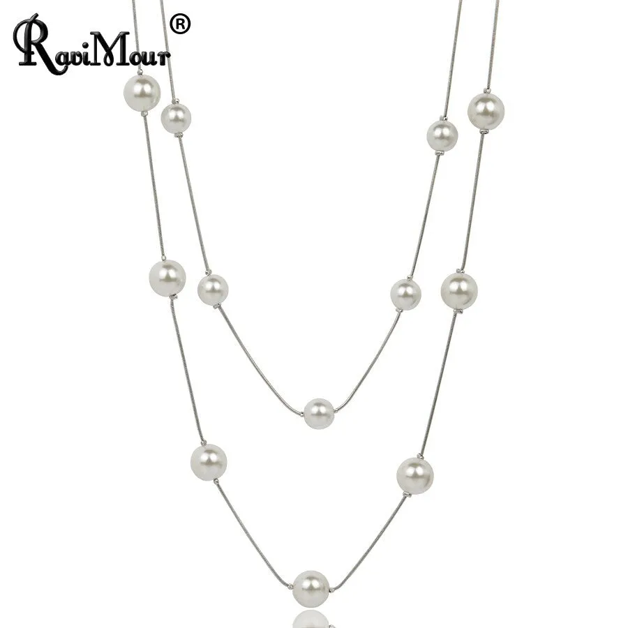 DEANWANGKT 4 Colos Red Simulated Pearl Necklace Women Long Chain Multilayer Choker Necklace Jewelry Trendy Sweater Accessories