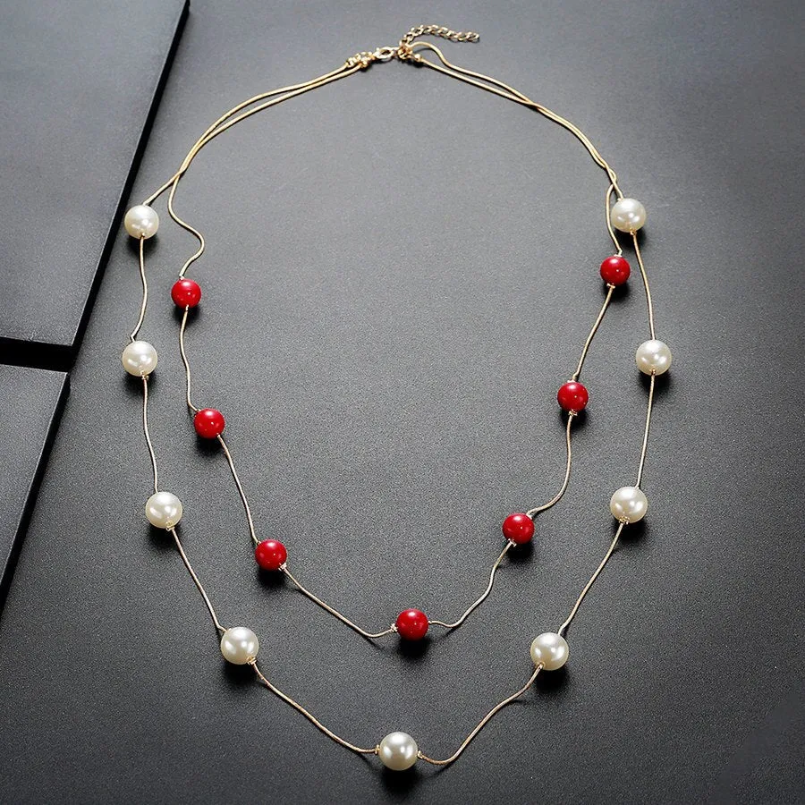 DEANWANGKT 4 Colos Red Simulated Pearl Necklace Women Long Chain Multilayer Choker Necklace Jewelry Trendy Sweater Accessories