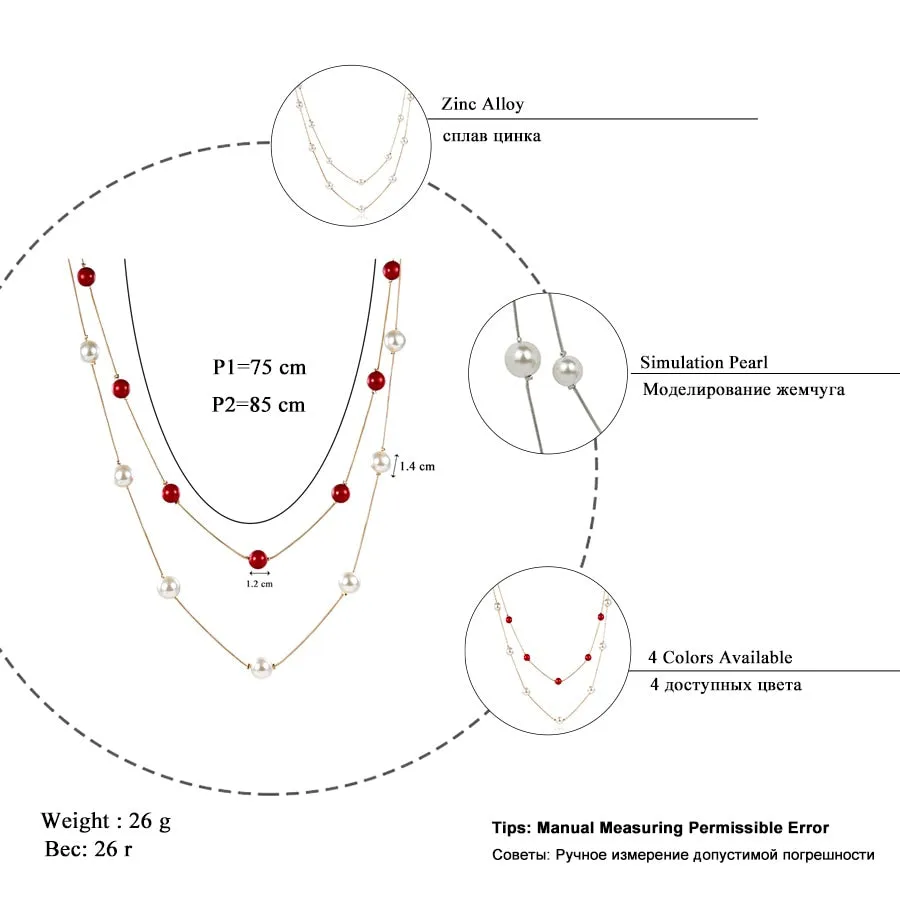 DEANWANGKT 4 Colos Red Simulated Pearl Necklace Women Long Chain Multilayer Choker Necklace Jewelry Trendy Sweater Accessories