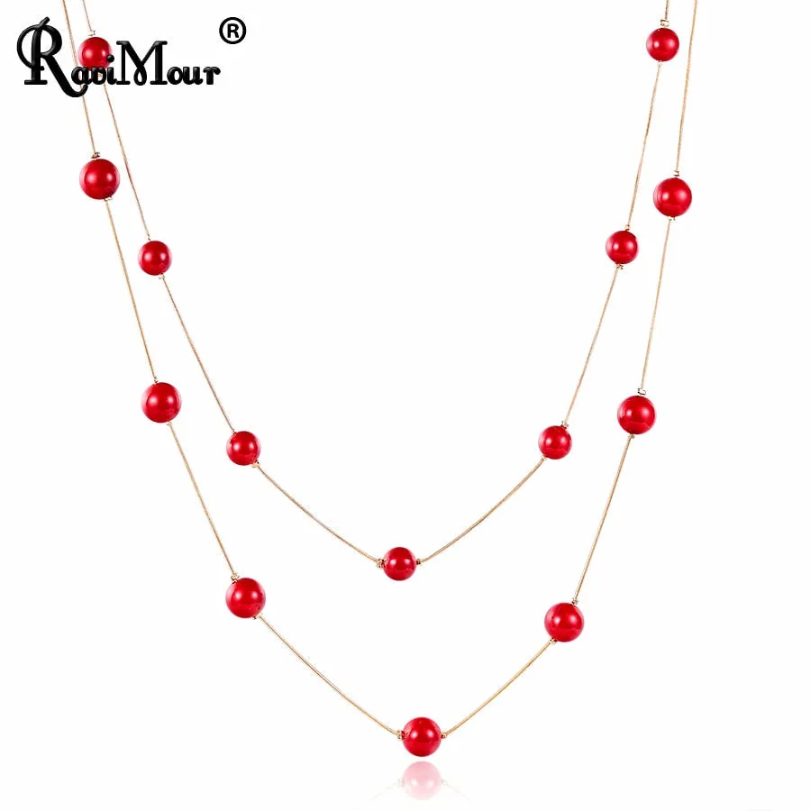 DEANWANGKT 4 Colos Red Simulated Pearl Necklace Women Long Chain Multilayer Choker Necklace Jewelry Trendy Sweater Accessories