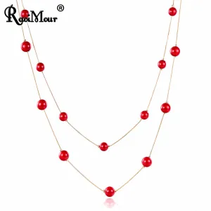 DEANWANGKT 4 Colos Red Simulated Pearl Necklace Women Long Chain Multilayer Choker Necklace Jewelry Trendy Sweater Accessories