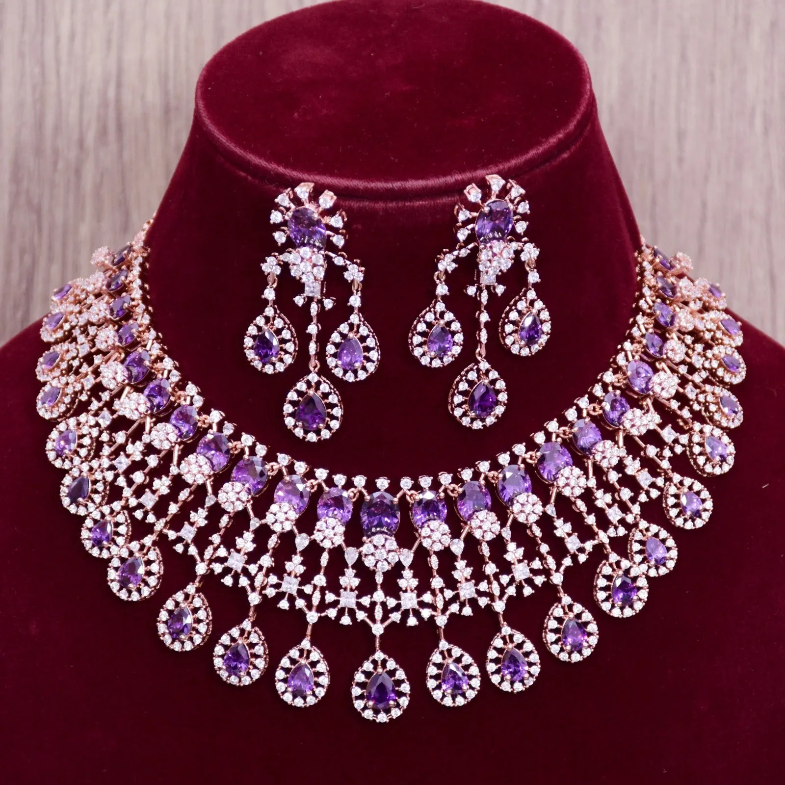 Designer Semi-Precious American Diamond & Purple Color Necklace with Earrings (D688)
