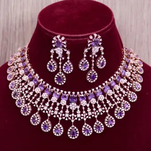 Designer Semi-Precious American Diamond & Purple Color Necklace with Earrings (D688)