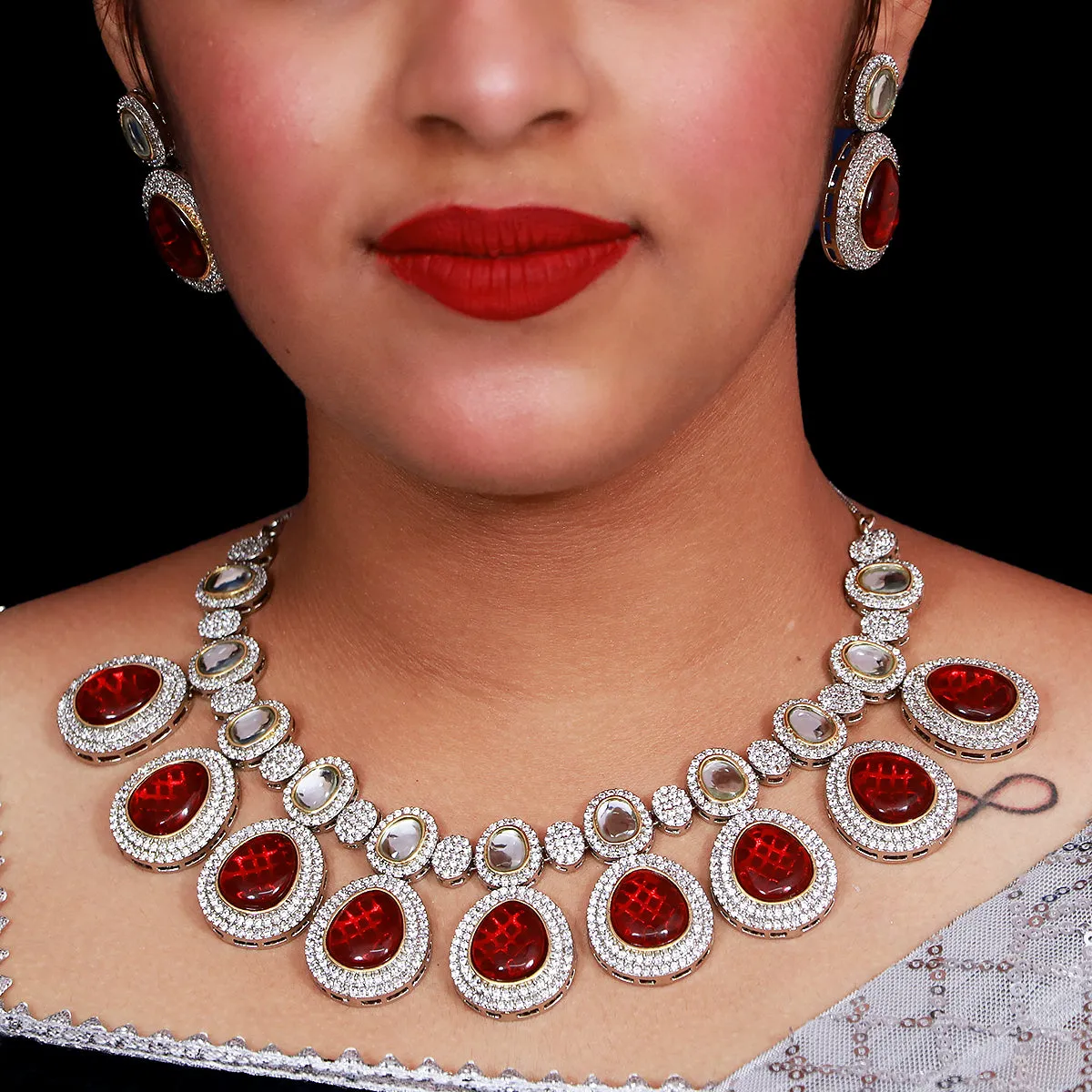 Designer Semi-Precious American Diamond & Ruby Necklace with Earrings (D477)