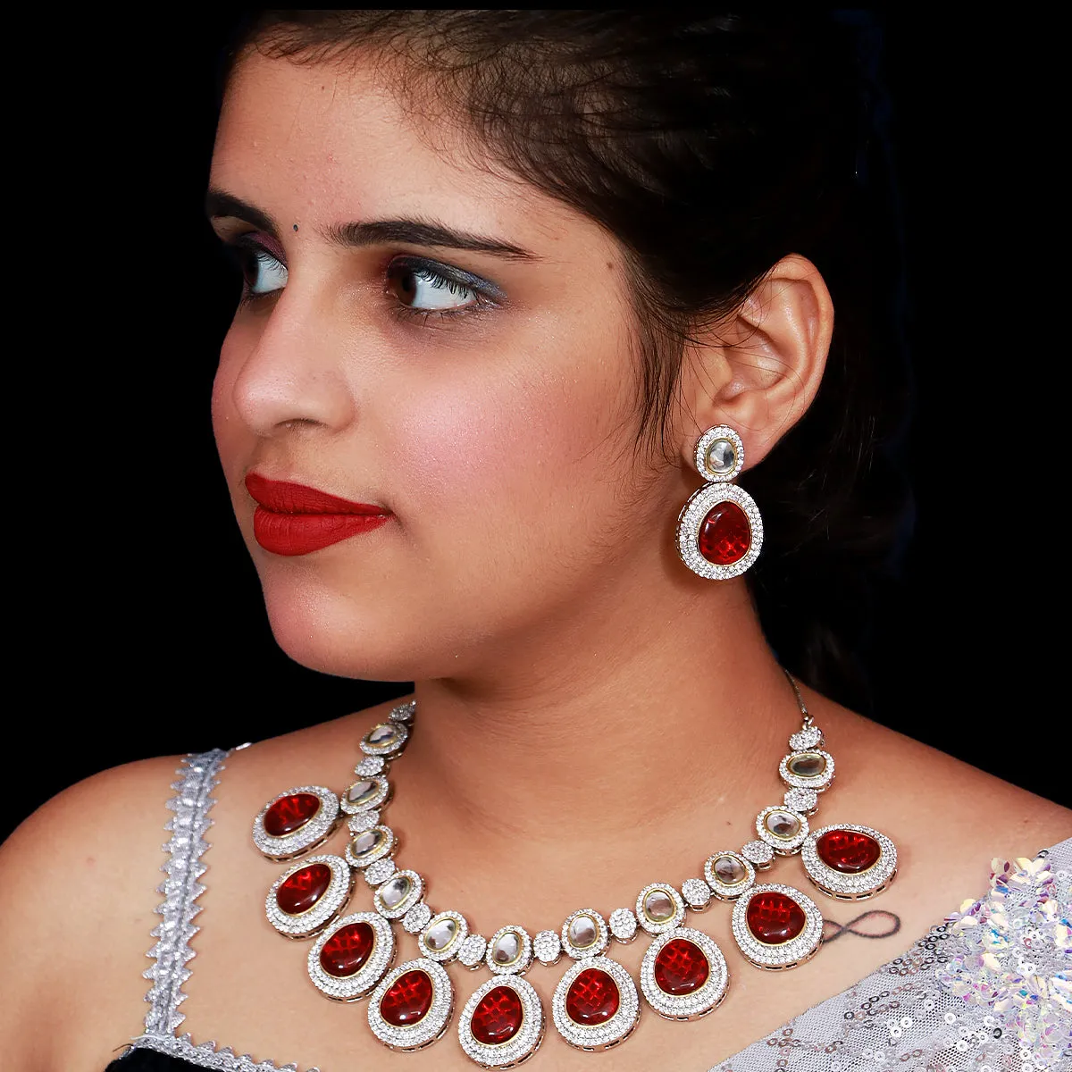 Designer Semi-Precious American Diamond & Ruby Necklace with Earrings (D477)