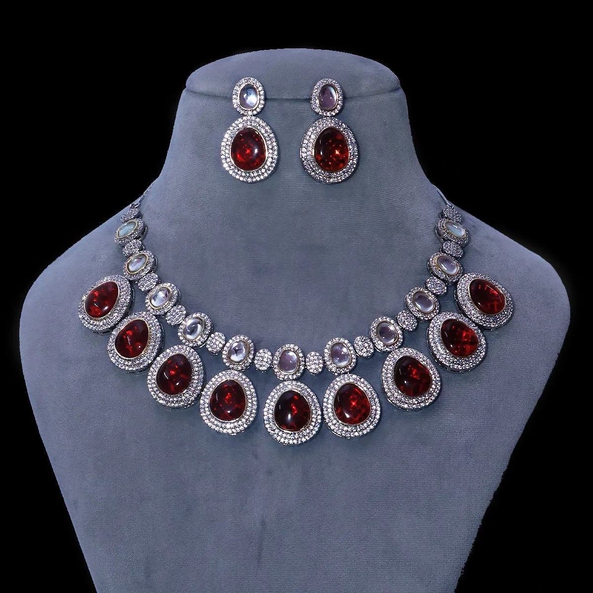Designer Semi-Precious American Diamond & Ruby Necklace with Earrings (D477)