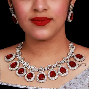 Designer Semi-Precious American Diamond & Ruby Necklace with Earrings (D477)