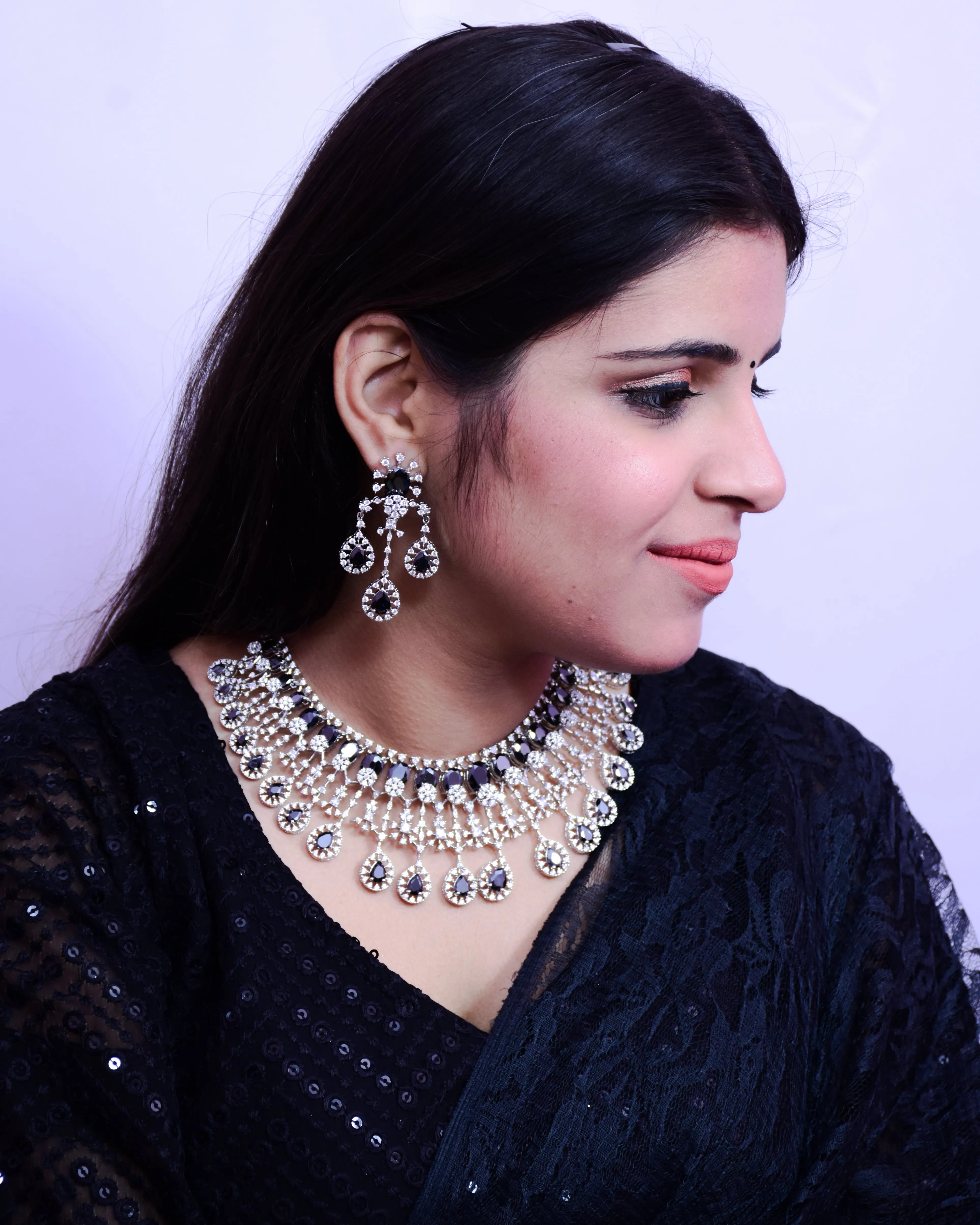 Designer Semi-Precious American Diamond Necklace, Earrings With Black Stone (D689)