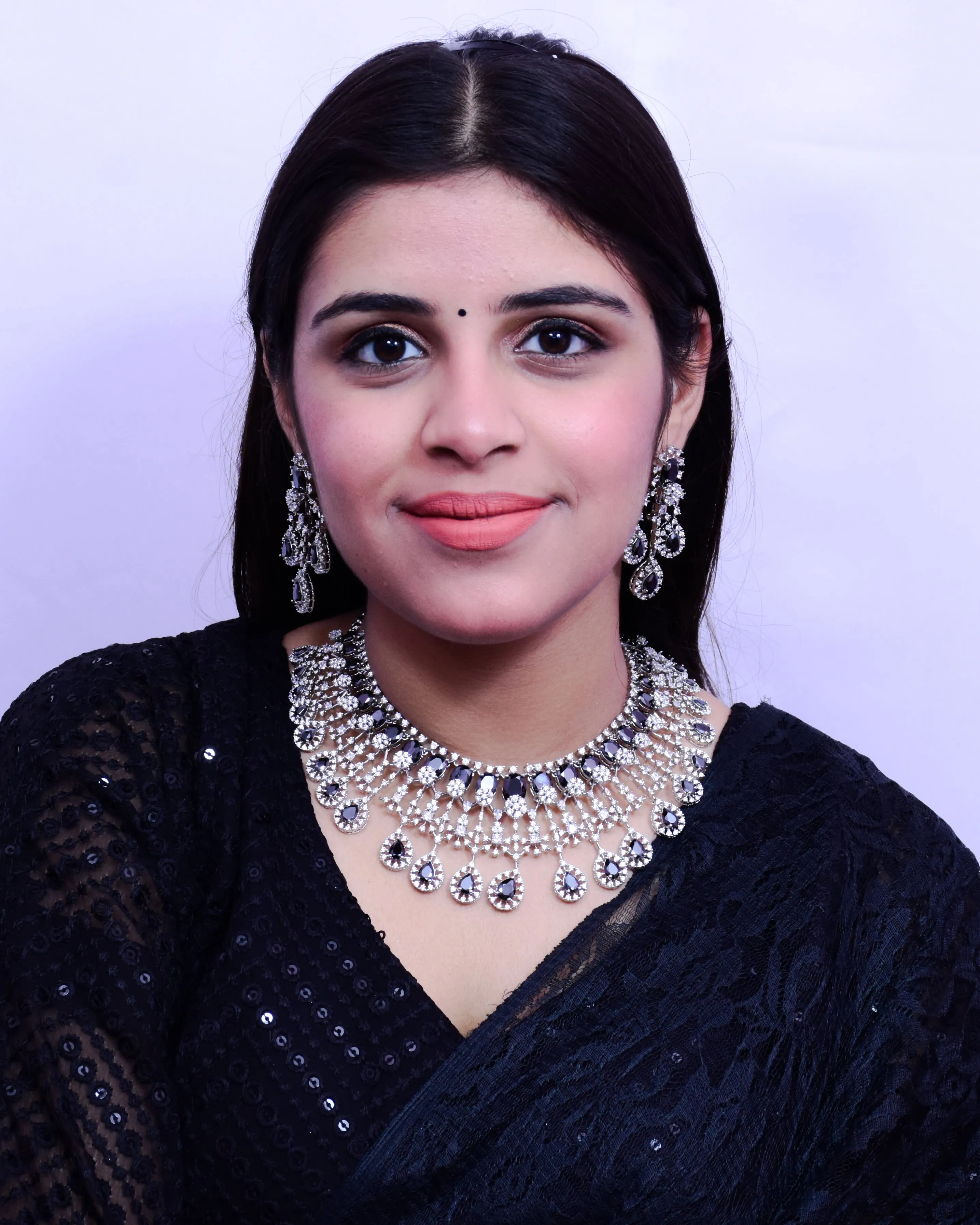 Designer Semi-Precious American Diamond Necklace, Earrings With Black Stone (D689)