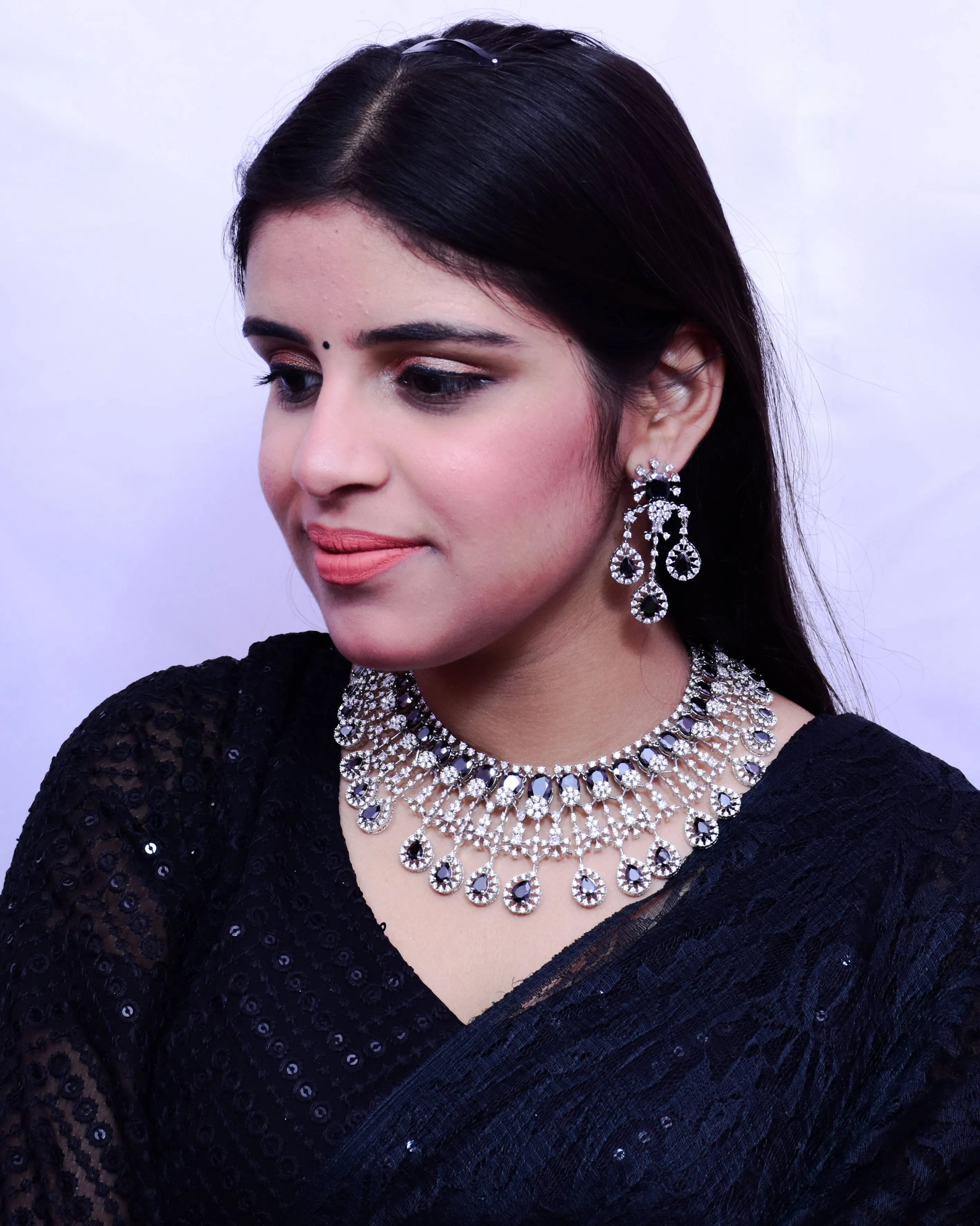 Designer Semi-Precious American Diamond Necklace, Earrings With Black Stone (D689)