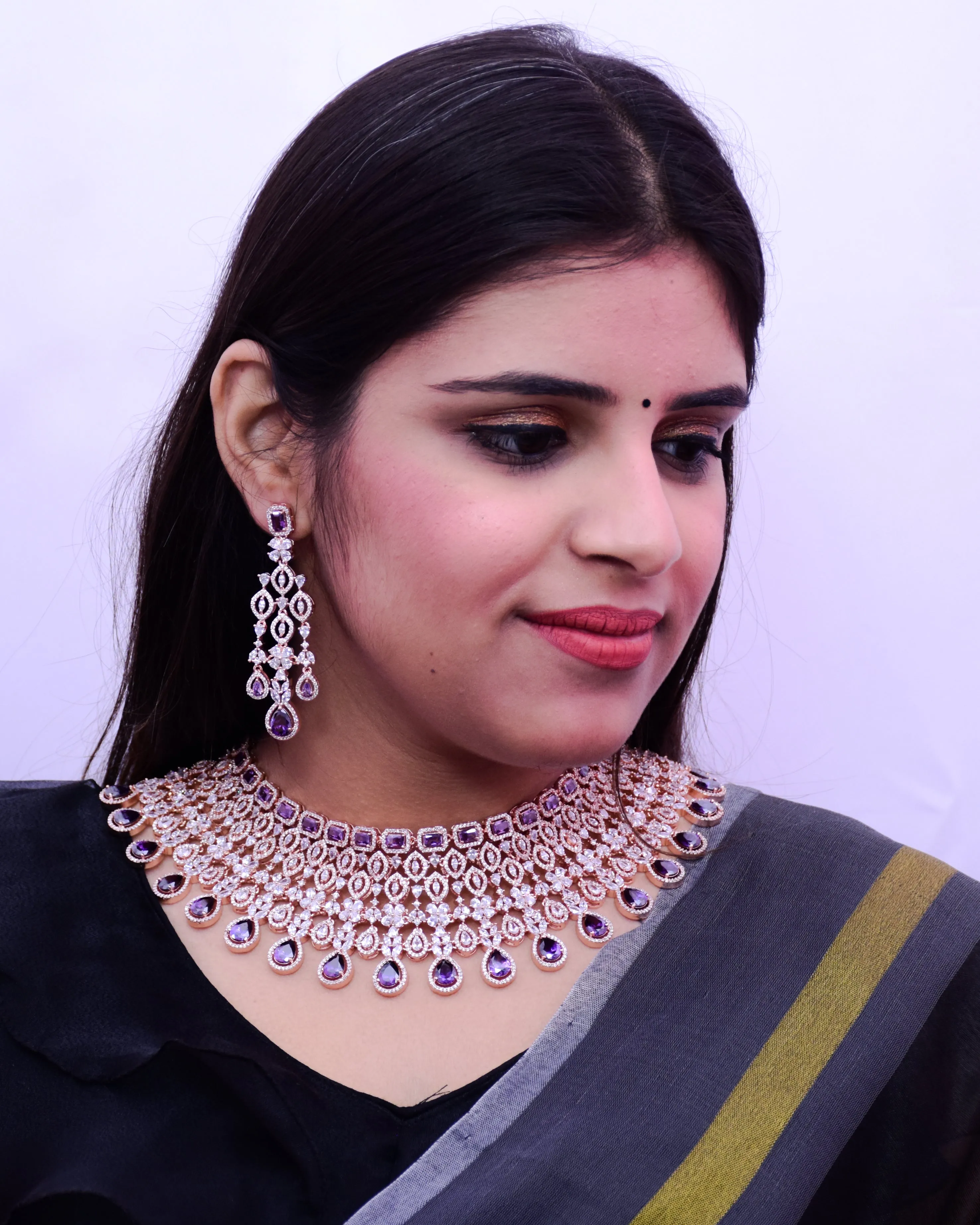 Designer Semi-Precious American Diamond Necklace with Earrings