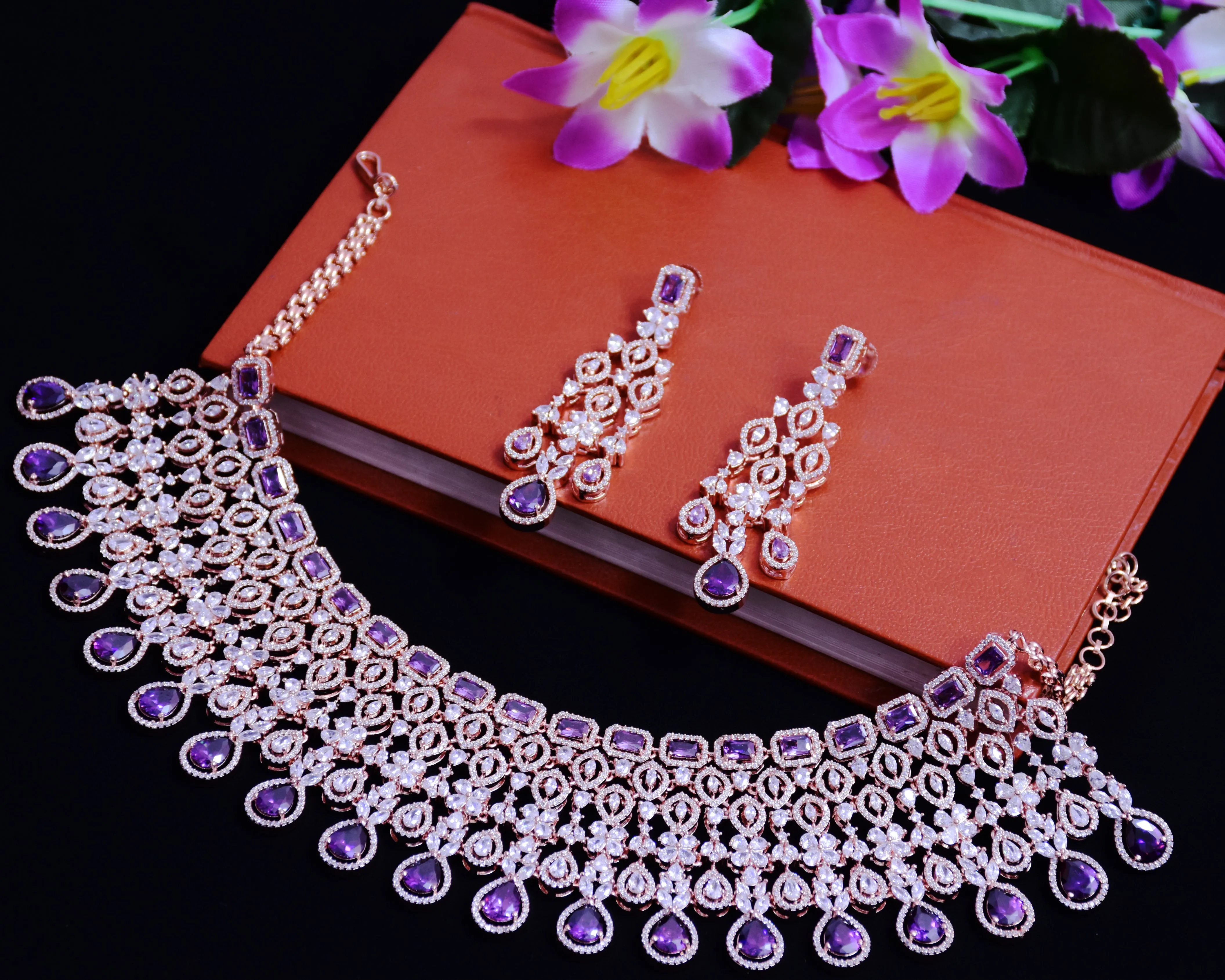 Designer Semi-Precious American Diamond Necklace with Earrings